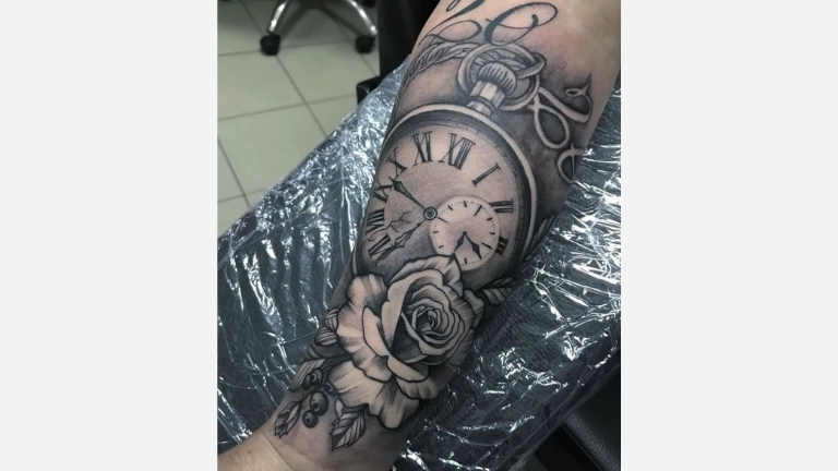 Rose and Clock Tattoo